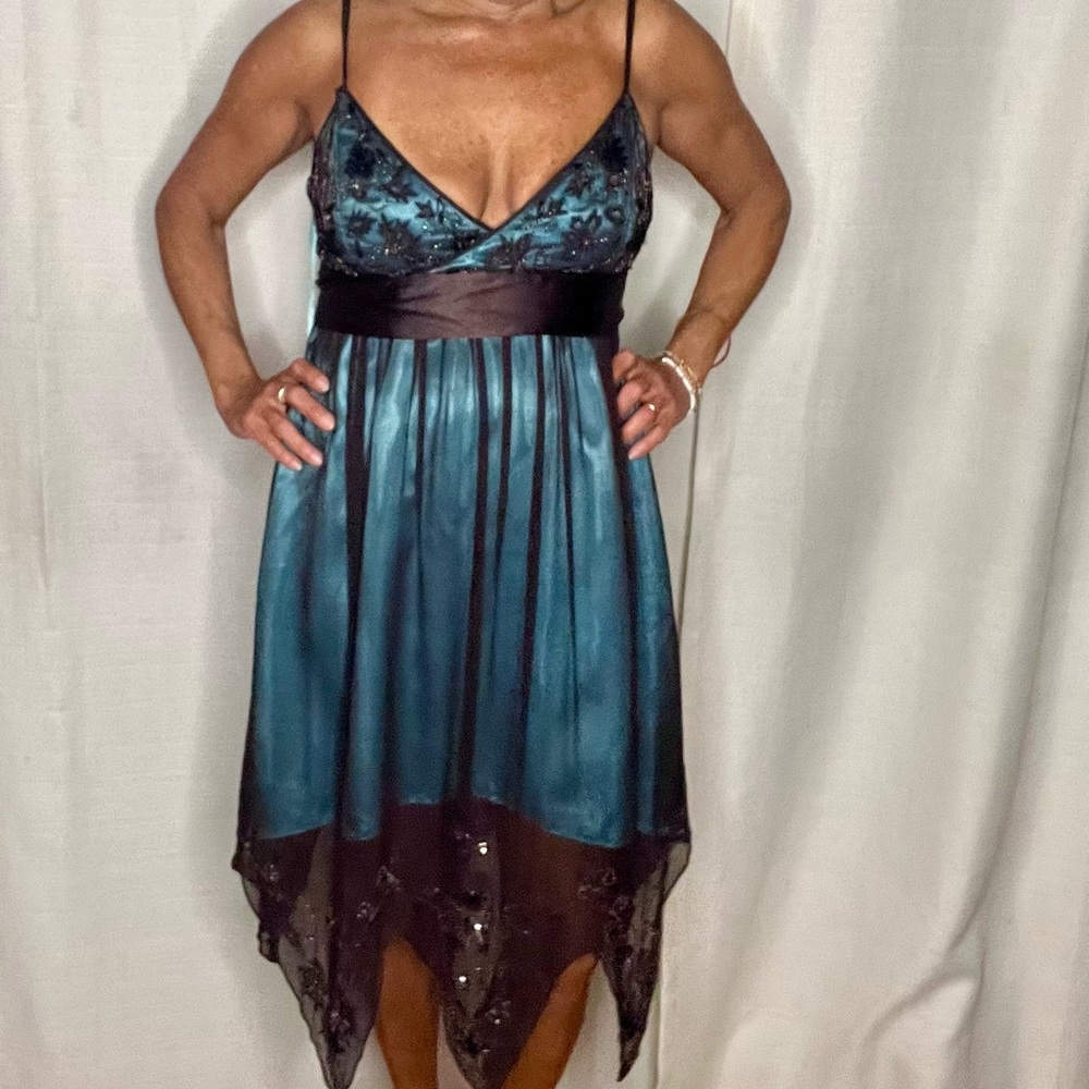 ADRIANNA PAPELL EVENING ESSENTIALS Brown w/turquoise lining Silk Beaded  Dress